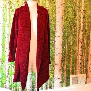 Chenille Open Front Shawl Collar Long Cardigan Sweater in Dark Red